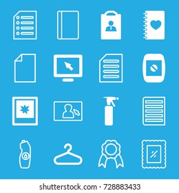 Blank icons set. set of 16 blank filled and outline icons such as spray bottle, hanger, notebook with heart, photo, camera display, resume, passport, water bottle, document