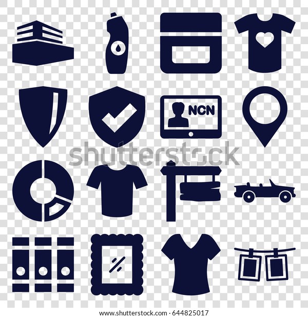 Blank icons\
set. set of 16 blank filled icons such as shirt, cream, t-shirt,\
binder, water bottle, direction board, documents box, t-shirt with\
heart, photos on rope,\
photo