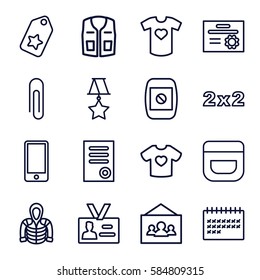 blank icons set. Set of 16 blank outline icons such as cream, sleeveless shirt, hoodie, document, calendar, t-shirt with heart, badge, phone, camera display, photo, medal, tag