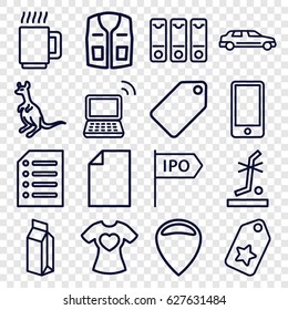 Blank icons set. set of 16 blank outline icons such as kangaroo, tag, sleeveless shirt, milk, no standing nearby, t-shirt with heart, laptop, binder, phone, paper, car, mug