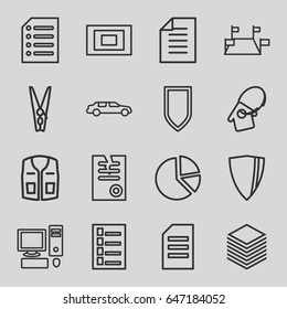 Blank icons set. set of 16 blank outline icons such as document, car, sleeveless shirt, paper, cloth pin, photo, home key tag, pc, shield, pie chart
