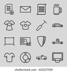 Blank icons set. set of 16 blank outline icons such as car, hanger, t-shirt, mail, t-shirt with heart, display, medical hammer, photo, mug, diploma, pie chart, shield