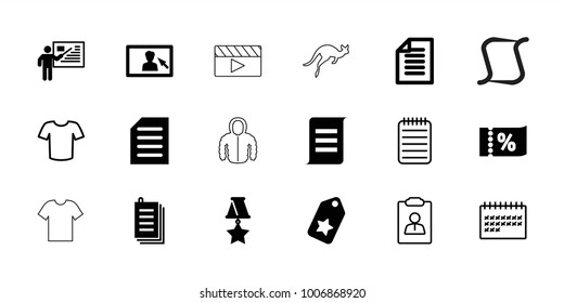 Blank icons. set of 18 editable filled and outline blank icons: tag, paper, document, camera display, teacher, medal, t-shirt, calendar, resume, notebook, ticket on sale