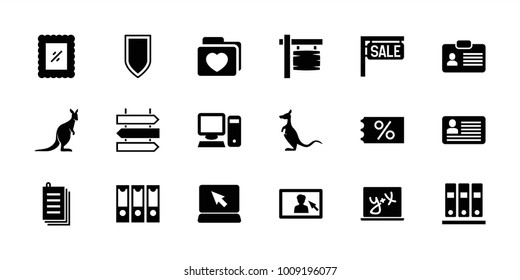 Blank icons. set of 18 editable filled blank icons: kangaroo, ticket on sale, laptop, binder, paper, folder with heart, photo, camera display, pc, shield, direction   isolated