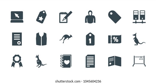 Blank icons. set of 18 editable filled blank icons: kangaroo, sleeveless shirt, hoodie, document, tag, laptop, notebook, ribbon, hanger, ticket on sale, paper, diploma, binder