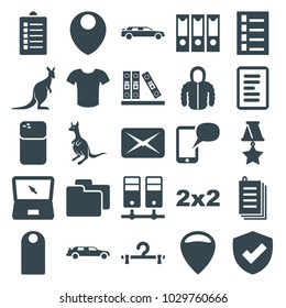 Blank icons. set of 25 editable filled blank icons such as kangaroo, document, car, hanger, blackboard, location, binder, paper, shield, laptop, message on phone, medal