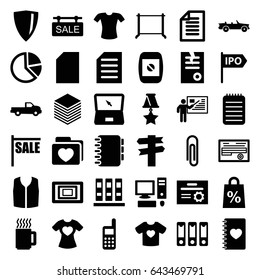 Blank icons set. set of 36 blank filled icons such as car, hanger, t-shirt, sleeveless shirt, paper, document, t-shirt with heart, notebook with heart, folder with heart