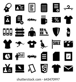 Blank icons set. set of 36 blank filled icons such as kangaroo, direction   isolated, shirt, car, hanger, t-shirt, hoodie, document, mail, badge, water bottle