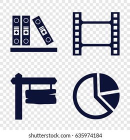 Blank icons set. set of 4 blank filled icons such as direction board, binder, movie tape