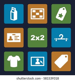 blank icons set. Set of 9 blank filled icons such as tag, hanger, T-shirt, badge, milk, photo, camera display