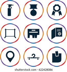 Blank icons set. set of 9 blank filled icons such as spray bottle, hanger, glued note, ribbon, map location, medal, ad