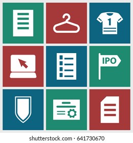 Blank icons set. set of 9 blank filled icons such as hanger, document, direction, shield, diploma, paper, laptop