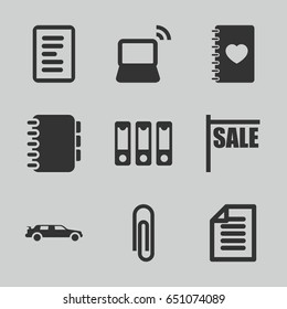 Blank icons set. set of 9 blank filled icons such as car, notebook with heart, laptop, binder, paper, notebook, document, paper clip