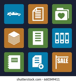 Blank icons set. set of 9 blank filled icons such as car, folder with heart, binder, paper, document, diploma, notepad