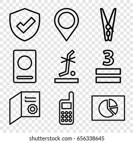 Blank icons set. set of 9 blank outline icons such as passport, no standing nearby, 3 allowed, phone, cloth pin, map location, diploma, pie chart