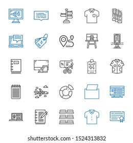 blank icons set. Collection of blank with diploma, shirt, towels, notebook, laptop, computer, napkin, pie chart, airplane, notepad, tag, discount. Editable and scalable blank icons.