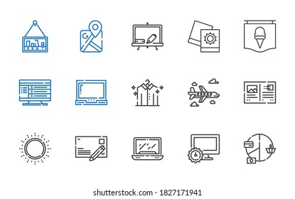 blank icons set. Collection of blank with pie chart, computer, laptop, postcard, sun, airplane, shirt, poster, pictures, blackboard, google maps. Editable and scalable blank icons.