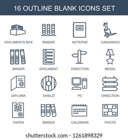 blank icons. Trendy 16 blank icons. Contain icons such as documents box, binder, notepad, cangaroo, document, direction, medal, diploma, shield. blank icon for web and mobile.