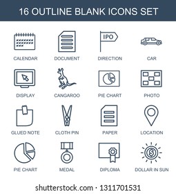 blank icons. Trendy 16 blank icons. Contain icons such as calendar, document, direction, car, display, cangaroo, pie chart, photo, glued note, cloth pin. blank icon for web and mobile.