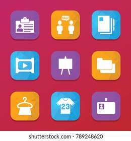 Blank icons. vector collection filled blank icons set.. includes symbols such as badge, document and pen, hanger, play movie, easel, folder. use for web, mobile and ui design.