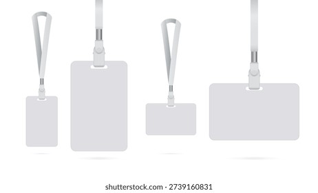 Blank ID Badge Mockup Set with Lanyard – Realistic Employee Name Tag Cards in Vertical and Horizontal Layouts, Isolated on Transparent Background Vector Illustration