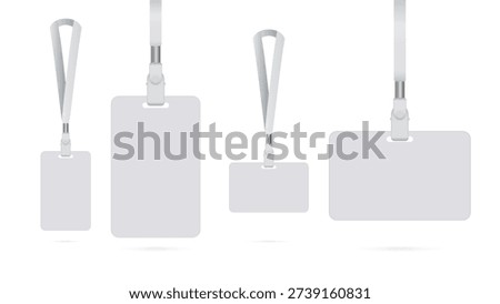 Blank ID Badge Mockup Set with Lanyard – Realistic Employee Name Tag Cards in Vertical and Horizontal Layouts, Isolated on Transparent Background Vector Illustration