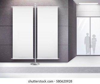 Blank illuminated advertisement double vertical banner display stand in modern urban building interior black white vector illustration 