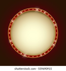 Blank illuminated round marquee frame with blank copy space. Show performance information board vector template. 