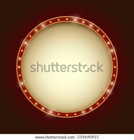 Blank illuminated round marquee frame with blank copy space. Show performance information board vector template. 