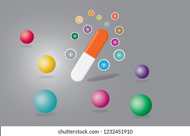 Blank infographic vector showing capsule of the drug or vitamin with a free place in colorful circles and balls ready for your text. 