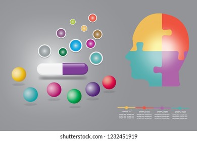 Blank infographic vector showing capsule of the drug or vitamin with a free place in colorful circles, balls, puzzle human head  and timeline ready for your text. 