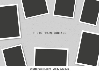 Blank instant photo frame collage on a grey background. Retro film photography album template. Realistic paper snapshot for scrapbook or digital display. Vector illustration