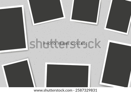 Blank instant photo frame collage on a grey background. Retro film photography album template. Realistic paper snapshot for scrapbook or digital display. Vector illustration