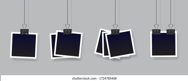 Blank instant photo frame set hanging on a clip. Black empty vintage photo frames templates. Vector illustration isolated on transparent background.