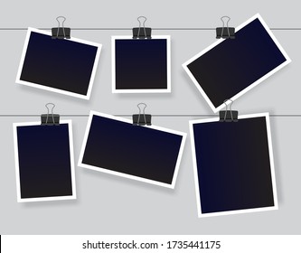 Blank instant photo frame set hanging on a clip. Black empty vintage photoframe templates. Vector illustration isolated on grey background.