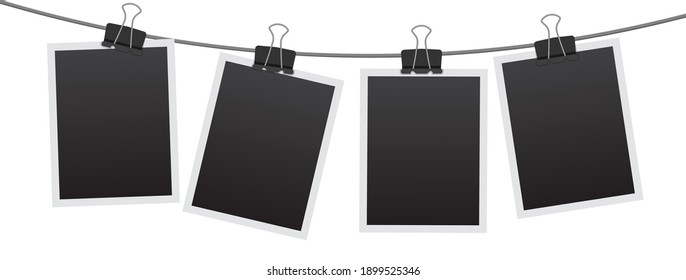 Blank instant photo frames hanging on a clip. Black empty vintage photo frame template. Vector illustration isolated on white background.