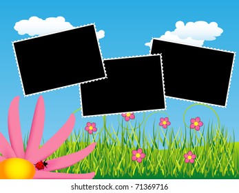 Blank instant photo frames on the spring scene