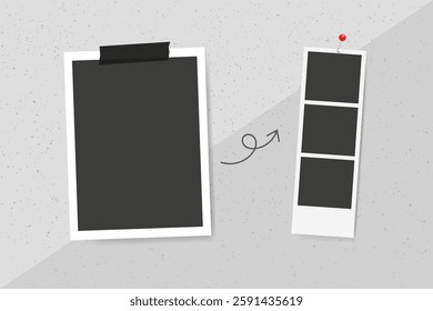 Blank Instant picture, photo booth strip frame collage on a gray wall. Realistic film photography digital design. Vintage snapshots layout for fun memory, nostalgia, event. Vector illustration