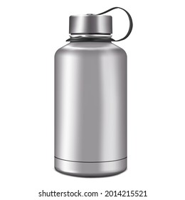 Blank Insulated Water Bottle Isolated On White Background, Realistic Vector Mock-up. Stainless Steel Shiny Metal Sport Flask, Mockup. Template For Design