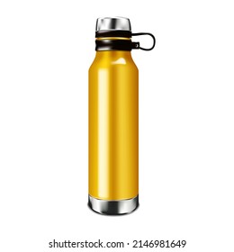 Blank insulated water bottle isolated on white background, realistic vector mock-up. Stainless steel color shiny metal sport flask, mockup. Template for design