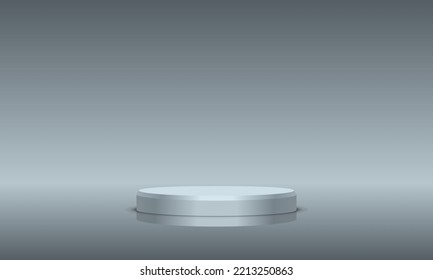 Estudio en blanco en el interior de la habitación con soporte metálico para podio de puentes de color gris y suelo brillante Ilustración moderna de vectores de fondo minimalista