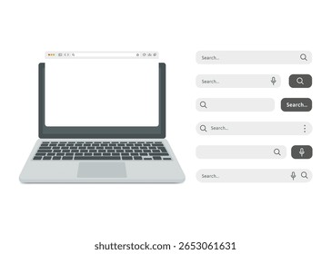 Blank internet browser window on the laptop screen with various search bar templates. Web site engine with search box. UI design, website interface elements. Vector illustration stock illustration