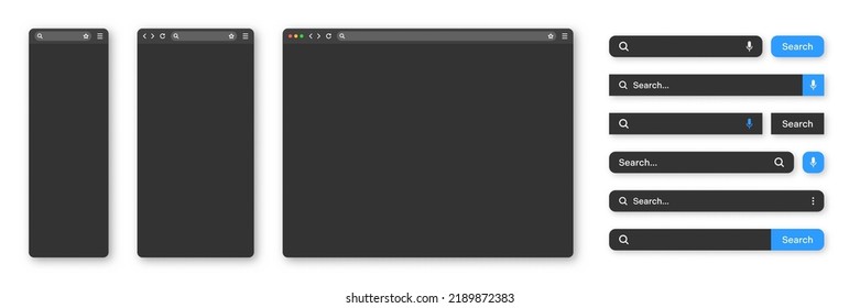 Blank internet browser window with various search bar templates, dark mode. Web site engine with search box, address bar and text field. UI design, website interface elements. Vector illustration