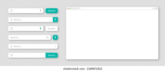 Blank internet browser window with various search bar templates. Web site engine with search box, address bar and text field. UI design, website interface elements. Vector illustration