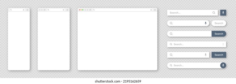 Blank internet browser window with various search bar templates. Web site engine with search box, address bar and text field. UI design, website interface elements. Vector illustration