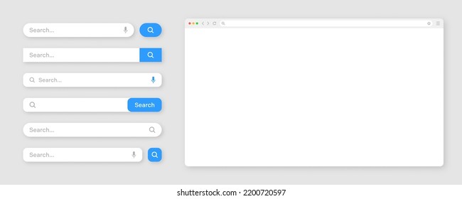 Blank internet browser window with various search bar templates. Web site engine with search box, address bar and text field. UI design, website interface elements. Vector illustration