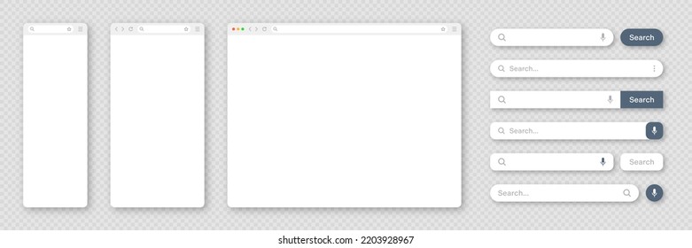 Blank internet browser window with various search bar templates. Web site engine with search box, address bar and text field. UI design, website interface elements. Vector illustration
