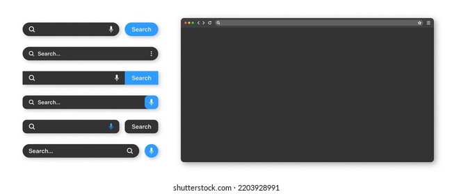Blank internet browser window with various search bar templates, dark mode. Web site engine with search box, address bar and text field. UI design, website interface elements. Vector illustration