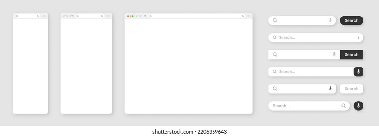 Blank Internet Browser Window With Various Search Bar Templates. Web Site Engine With Search Box, Address Bar And Text Field. UI Design, Website Interface Elements. Vector Illustration