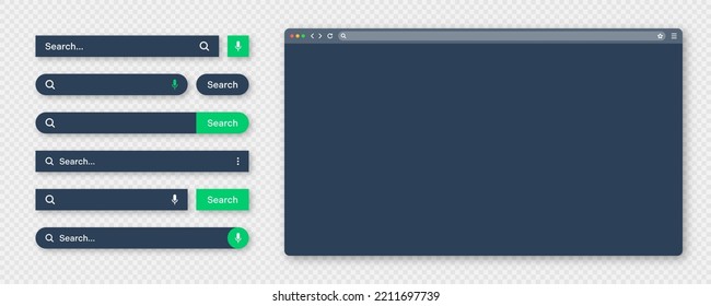 Ventana de navegador de Internet en blanco con varias plantillas de barra de búsqueda, modo oscuro. Motor de sitios Web con cuadro de búsqueda, barra de direcciones y campo de texto. diseño de interfaz de usuario, elementos de interfaz de sitio web. Ilustración del vector